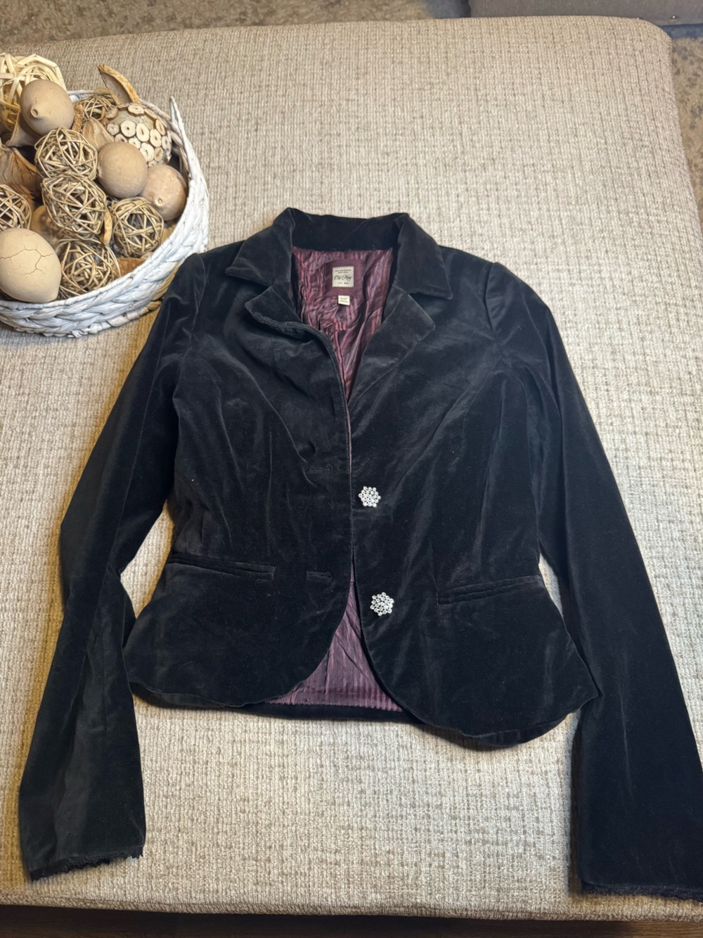 Old Navy Black Velvet Blazer with Decorative Rhinestone Buttons